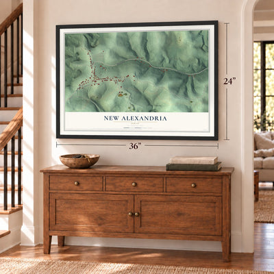 New Alexandria, Ohio map, 24 x 36 inch print in a black frame above a dresser by a staircase