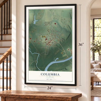 Columbia, Alabama map, 24 x 36 inch print in a black frame by a staircase