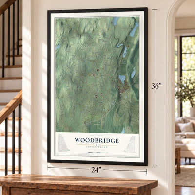 Woodbridge, Connecticut map, 24 x 36 inch print in a black frame by a staircase
