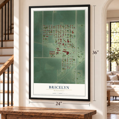 Bricelyn, Minnesota map, 24 x 36 inch print in a black frame by a staircase
