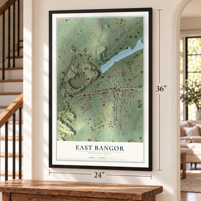 East Bangor, Pennsylvania map, 24 x 36 inch print in a black frame by a staircase