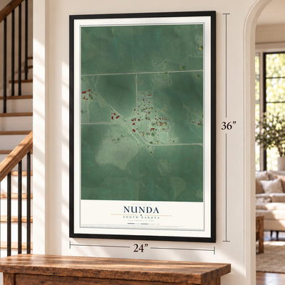 Nunda, South Dakota map, 24 x 36 inch print in a black frame by a staircase