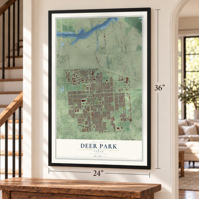 Deer Park, Texas map, 24 x 36 inch print in a black frame by a staircase