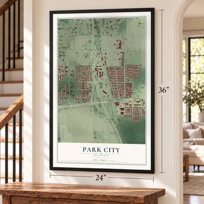 Park City, Illinois map, 24 x 36 inch print in a black frame by a staircase