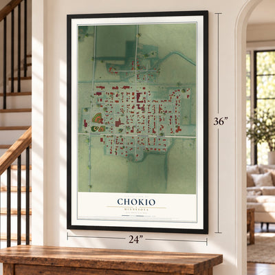 Chokio, Minnesota map, 24 x 36 inch print in a black frame by a staircase