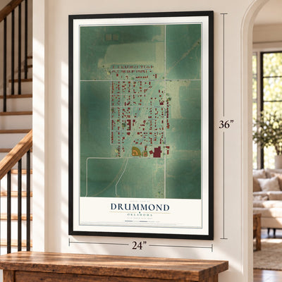 Drummond, Oklahoma map, 24 x 36 inch print in a black frame by a staircase
