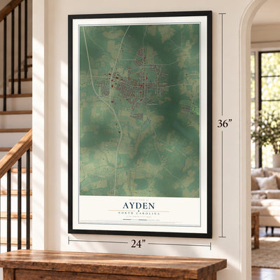 Ayden, North Carolina map, 24 x 36 inch print in a black frame by a staircase