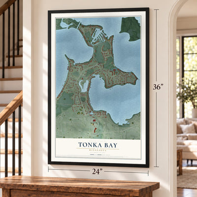 Tonka Bay, Minnesota map, 24 x 36 inch print in a black frame by a staircase