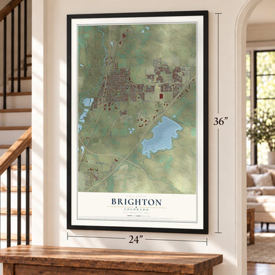 Brighton, Colorado map, 24 x 36 inch print in a black frame by a staircase
