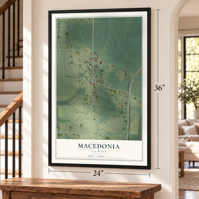 Macedonia, Illinois map, 24 x 36 inch print in a black frame by a staircase