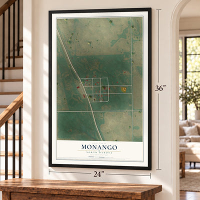 Monango, North Dakota map, 24 x 36 inch print in a black frame by a staircase