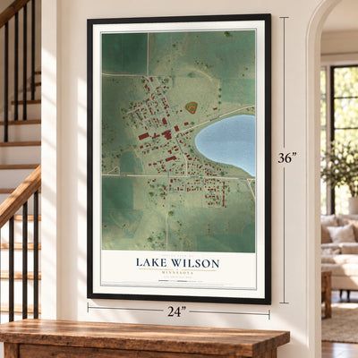 Lake Wilson, Minnesota map, 24 x 36 inch print in a black frame by a staircase