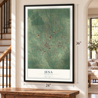 Jena, Louisiana map, 24 x 36 inch print in a black frame by a staircase