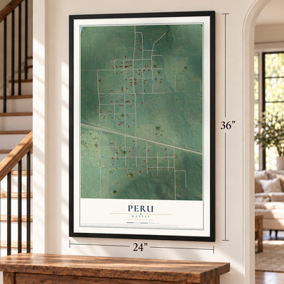 Peru, Kansas map, 24 x 36 inch print in a black frame by a staircase