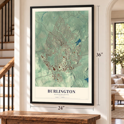 Burlington, Massachusetts map, 24 x 36 inch print in a black frame by a staircase