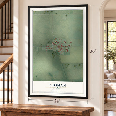 Yeoman, Indiana map, 24 x 36 inch print in a black frame by a staircase
