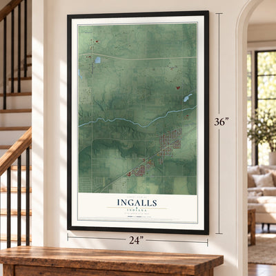 Ingalls, Indiana map, 24 x 36 inch print in a black frame by a staircase