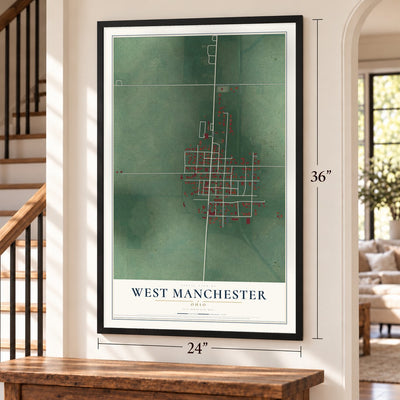 West Manchester, Ohio map, 24 x 36 inch print in a black frame by a staircase