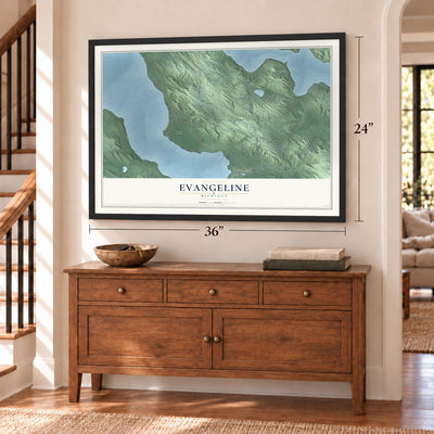 Evangeline, Michigan map, 24 x 36 inch print in a black frame above a dresser by a staircase