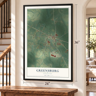 Greensburg, Louisiana map, 24 x 36 inch print in a black frame by a staircase