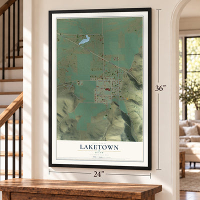 Laketown, Utah map, 24 x 36 inch print in a black frame by a staircase