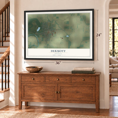 Dermott, Arkansas map, 24 x 36 inch print in a black frame above a dresser by a staircase