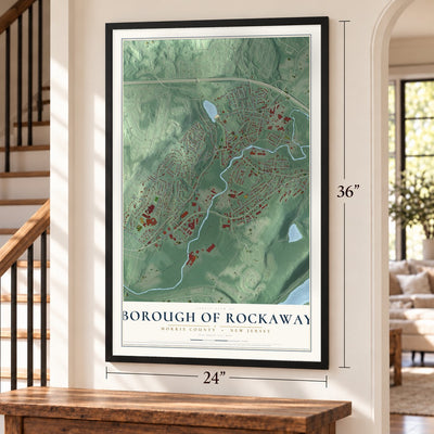 Borough of Rockaway, Morris County, New Jersey map, 24 x 36 inch print in a black frame by a staircase