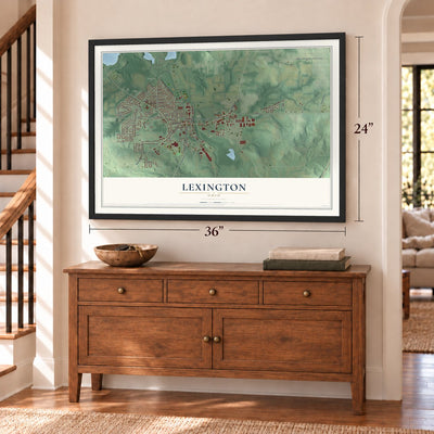 Lexington, Ohio map, 24 x 36 inch print in a black frame above a dresser by a staircase