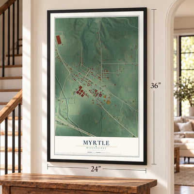 Myrtle, Mississippi map, 24 x 36 inch print in a black frame by a staircase