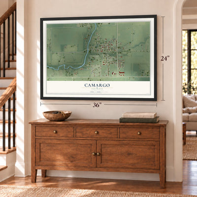 Camargo, Illinois map, 24 x 36 inch print in a black frame above a dresser by a staircase