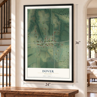 Dover, Missouri map, 24 x 36 inch print in a black frame by a staircase