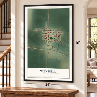 Wendell, Minnesota map, 24 x 36 inch print in a black frame by a staircase