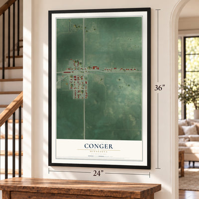 Conger, Minnesota map, 24 x 36 inch print in a black frame by a staircase