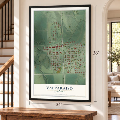 Valparaiso, Nebraska map, 24 x 36 inch print in a black frame by a staircase