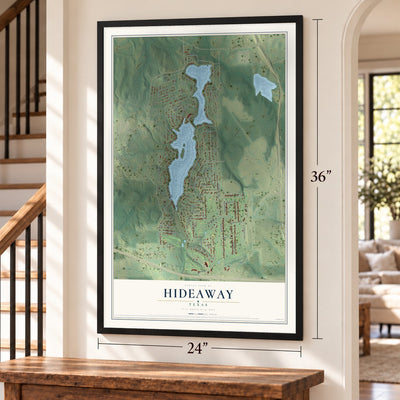 Hideaway, Texas map, 24 x 36 inch print in a black frame by a staircase