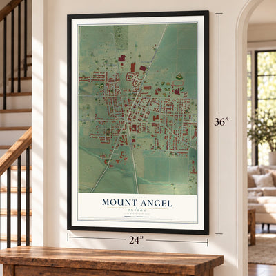 Mount Angel, Oregon map, 24 x 36 inch print in a black frame by a staircase