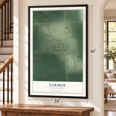 Farmer, South Dakota map, 24 x 36 inch print in a black frame by a staircase
