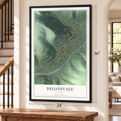 Dillonvale, Ohio map, 24 x 36 inch print in a black frame by a staircase