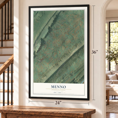 Menno, Pennsylvania map, 24 x 36 inch print in a black frame by a staircase