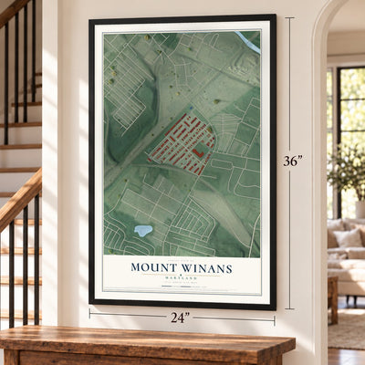 Mount Winans, Maryland map, 24 x 36 inch print in a black frame by a staircase