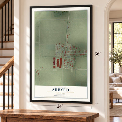 Arbyrd, Missouri map, 24 x 36 inch print in a black frame by a staircase
