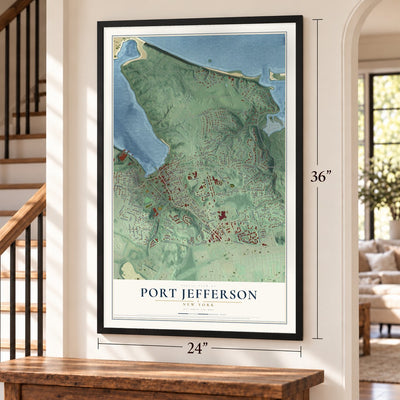 Port Jefferson, New York map, 24 x 36 inch print in a black frame by a staircase