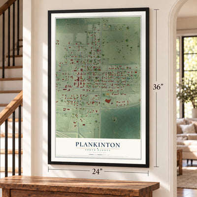 Plankinton, South Dakota map, 24 x 36 inch print in a black frame by a staircase