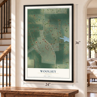 Woolsey, Georgia map, 24 x 36 inch print in a black frame by a staircase