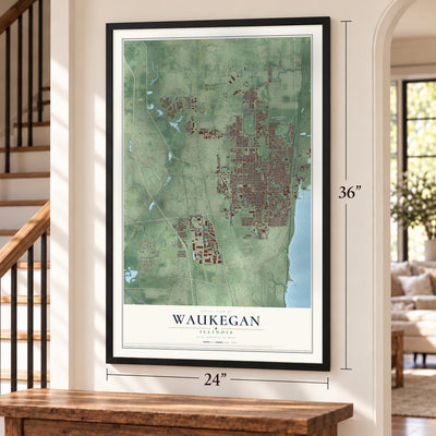 Waukegan, Illinois map, 24 x 36 inch print in a black frame by a staircase