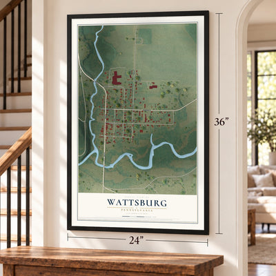 Wattsburg, Pennsylvania map, 24 x 36 inch print in a black frame by a staircase