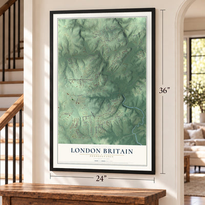 London Britain, Pennsylvania map, 24 x 36 inch print in a black frame by a staircase