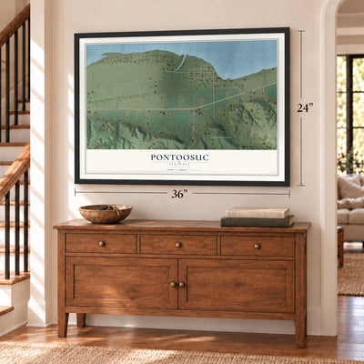 Pontoosuc, Illinois map, 24 x 36 inch print in a black frame above a dresser by a staircase