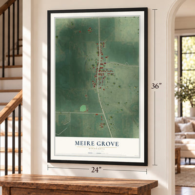 Meire Grove, Minnesota map, 24 x 36 inch print in a black frame by a staircase