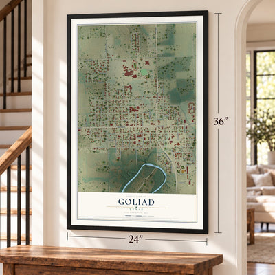 Goliad, Texas map, 24 x 36 inch print in a black frame by a staircase